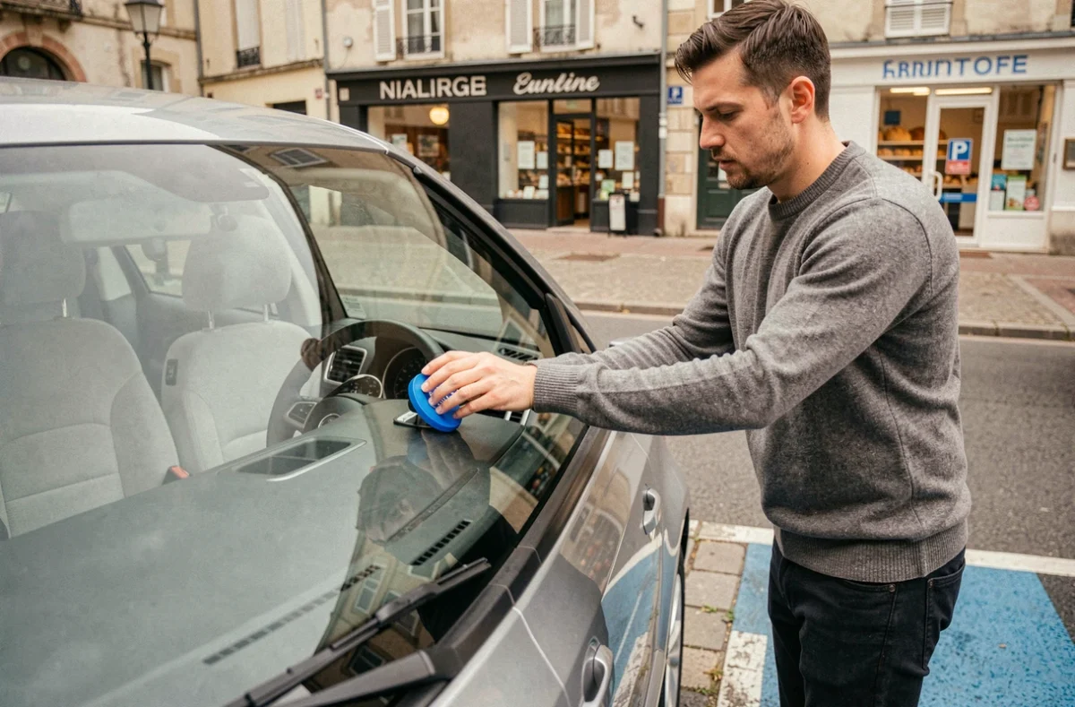 Homme plaçant un disque de stationnement bleu sur le tableau de bord d'une voiture