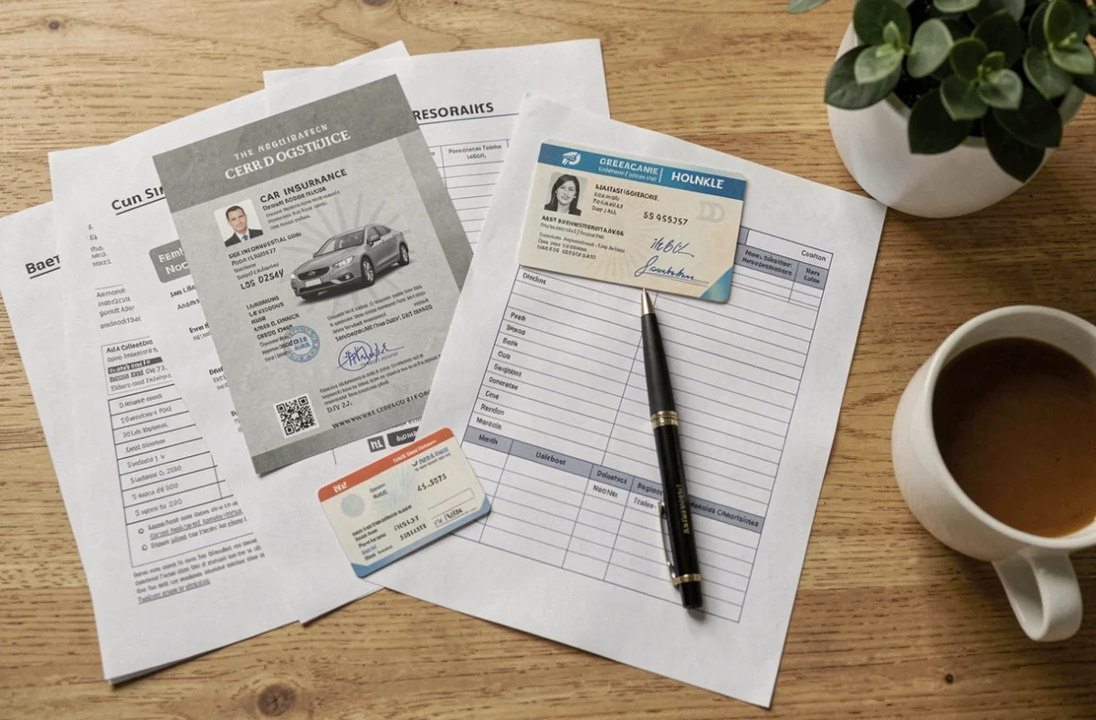 Vue de dessus d'un bureau avec des documents d'assurance auto, un permis de conduire et une carte grise pour préparer un questionnaire de devis