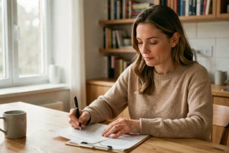 Femme consultant les documents nécessaires pour assurer une voiture à son domicile