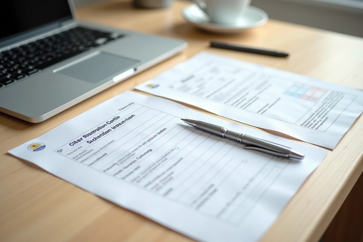 Documents administratifs pour l'immatriculation d'un véhicule posés sur un bureau avec un ordinateur portable