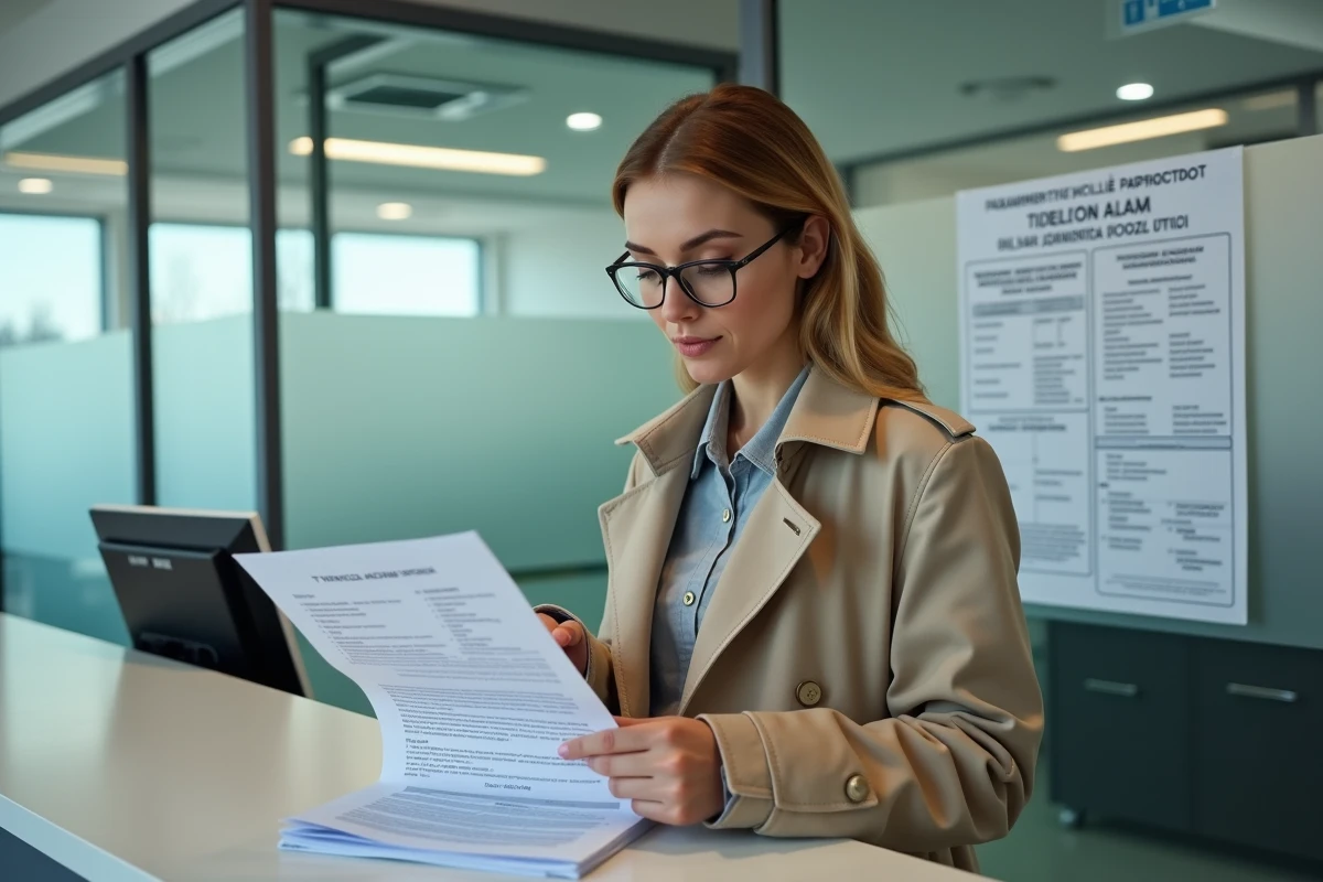 Femme consultant des documents d'importation automobile ukrainiens au guichet d'un bureau de douane européen