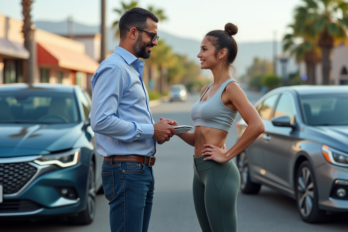 Homme hispanique échangeant assurance avec une jeune femme à côté de voitures endommagées