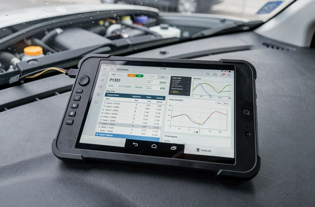 Écran de valise de diagnostic affichant le code défaut P1351 avec les données en temps réel sur le tableau de bord d'une Peugeot