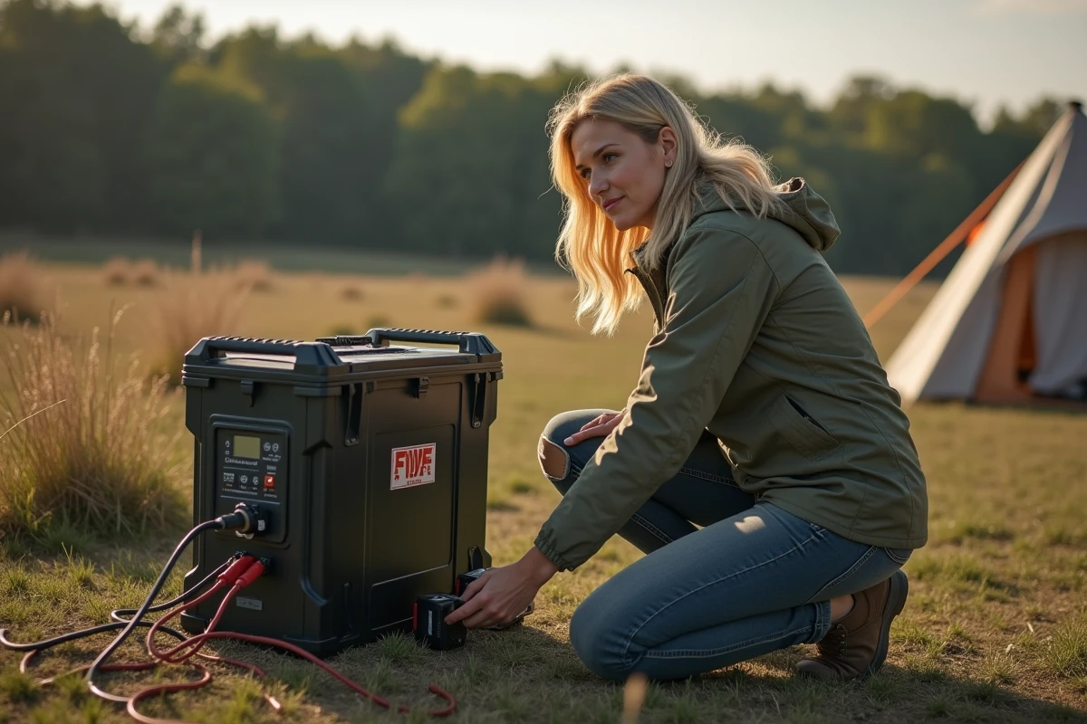 Femme ajustant un moniteur d énergie sur une batterie portable en camping