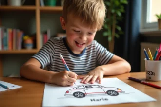 Enfant coloriant un dessin de voiture imprimé personnalisé avec son prénom et une plaque d'immatriculation sur un bureau en bois