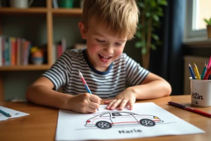 Enfant coloriant un dessin de voiture imprimé personnalisé avec son prénom et une plaque d'immatriculation sur un bureau en bois