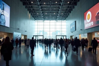 Entrée principale du Salon de l'automobile de Paris 2026 avec foule de visiteurs sous des banderoles de marques automobiles