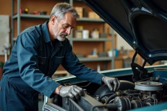 Mécanicien professionnel inspectant le moteur d'une Chevrolet Impala dans un garage bien équipé