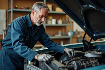 Mécanicien professionnel inspectant le moteur d'une Chevrolet Impala dans un garage bien équipé