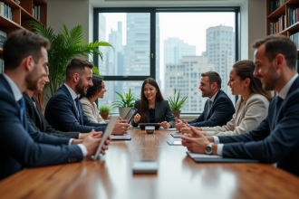 Groupe de professionnels en réunion dans un bureau moderne