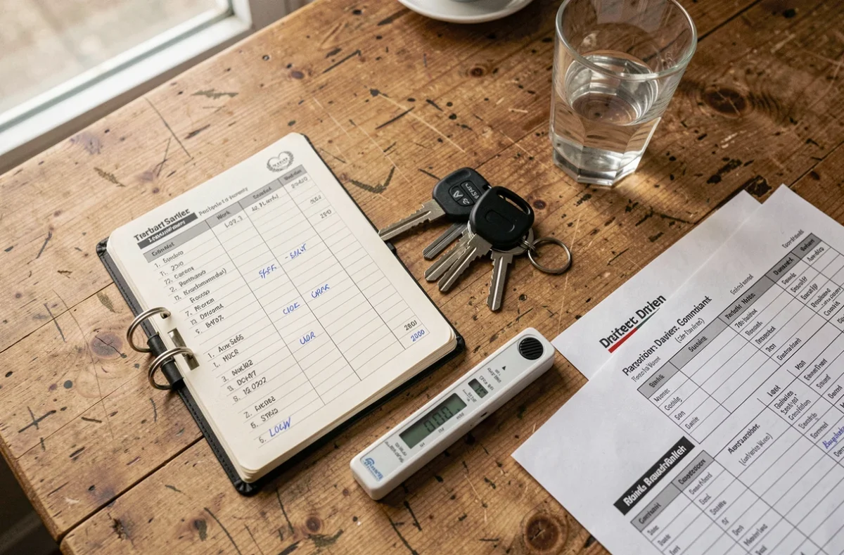 Éthylotest, clés de camion et carnet de bord sur une table de salle de pause dans une entreprise de transport