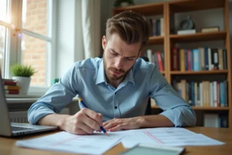 Jeune homme étudiant des séries officielles de questions pour l'examen du permis de conduire sur des feuilles imprimées en PDF