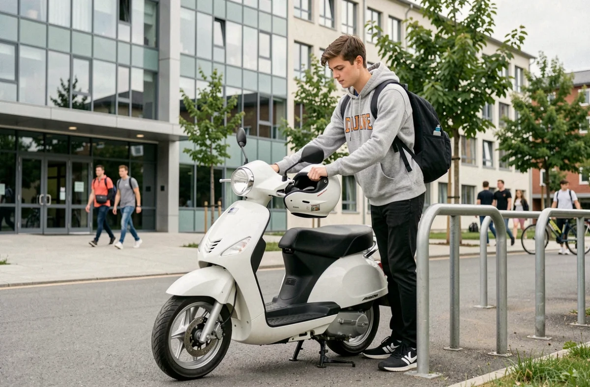 Étudiant de 22 ans garant son scooter 300cc devant un campus universitaire