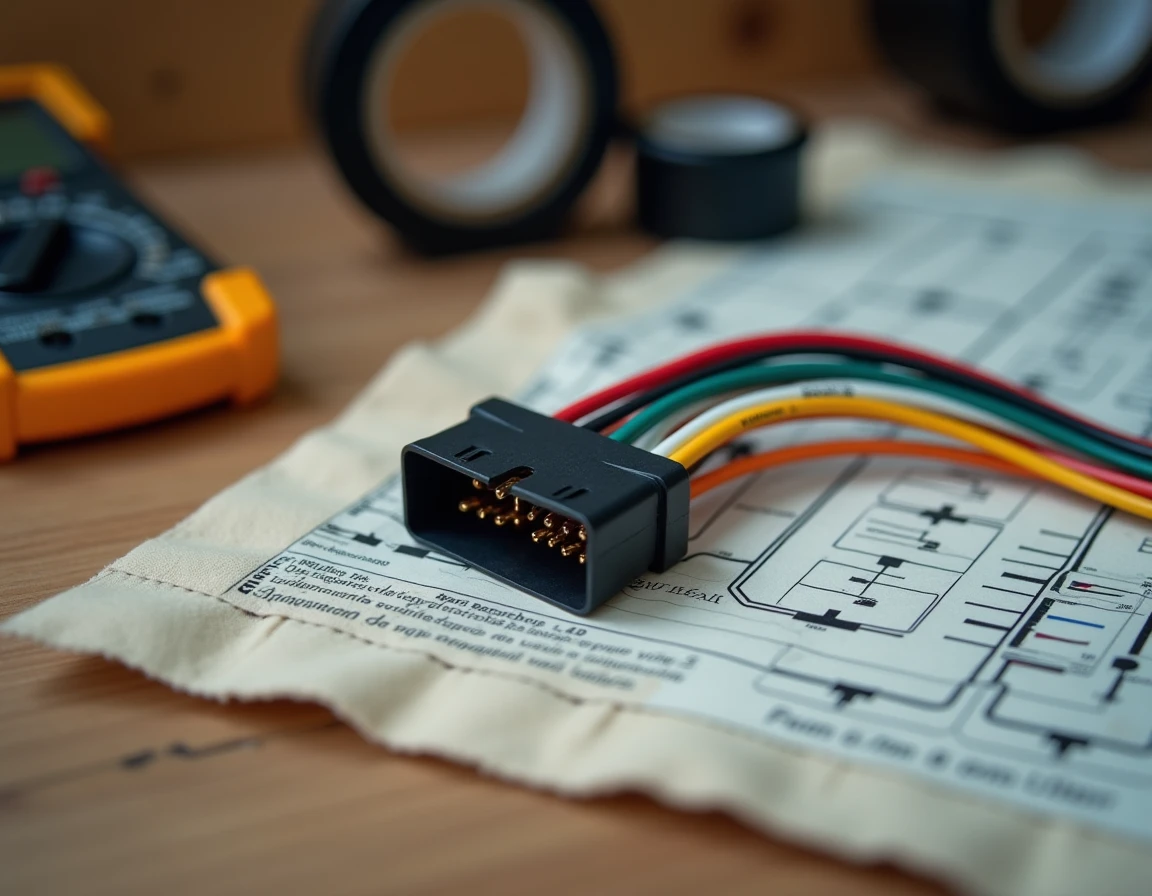 Gros plan sur un connecteur de faisceau électrique autoradio Peugeot avec les fils colorés étiquetés et un schéma de câblage imprimé