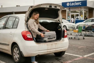 Femme chargeant ses bagages dans une voiture de location Leclerc dans un parking de supermarché