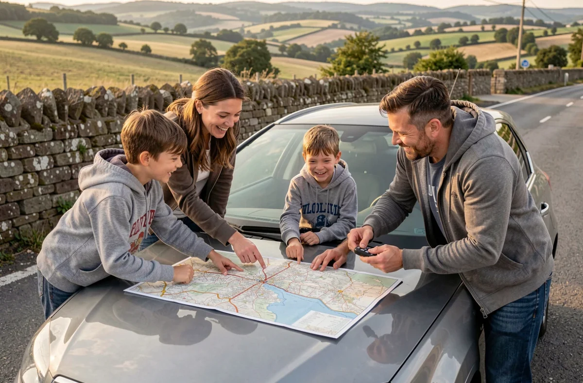 Famille consultant une carte routière sur le capot d'une voiture de location économique lors d'un voyage en France