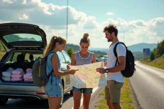 Famille avec carte autoroute française en voyage