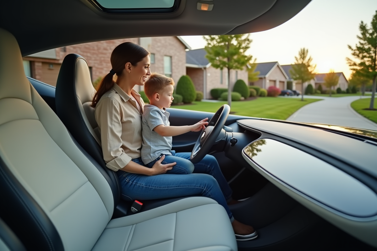 Famille dans une voiture futuriste dans une rue résidentielle