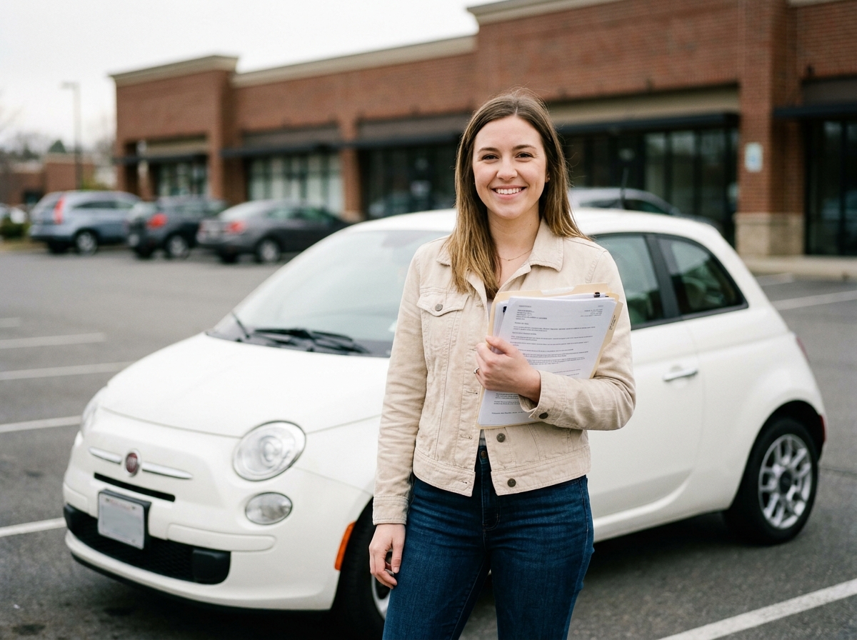 Jeune femme tenant des documents d'assurance à côté de sa voiture sans permis dans un parking
