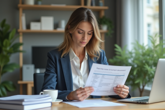 Femme en costume examinant documents d'assurance à son bureau
