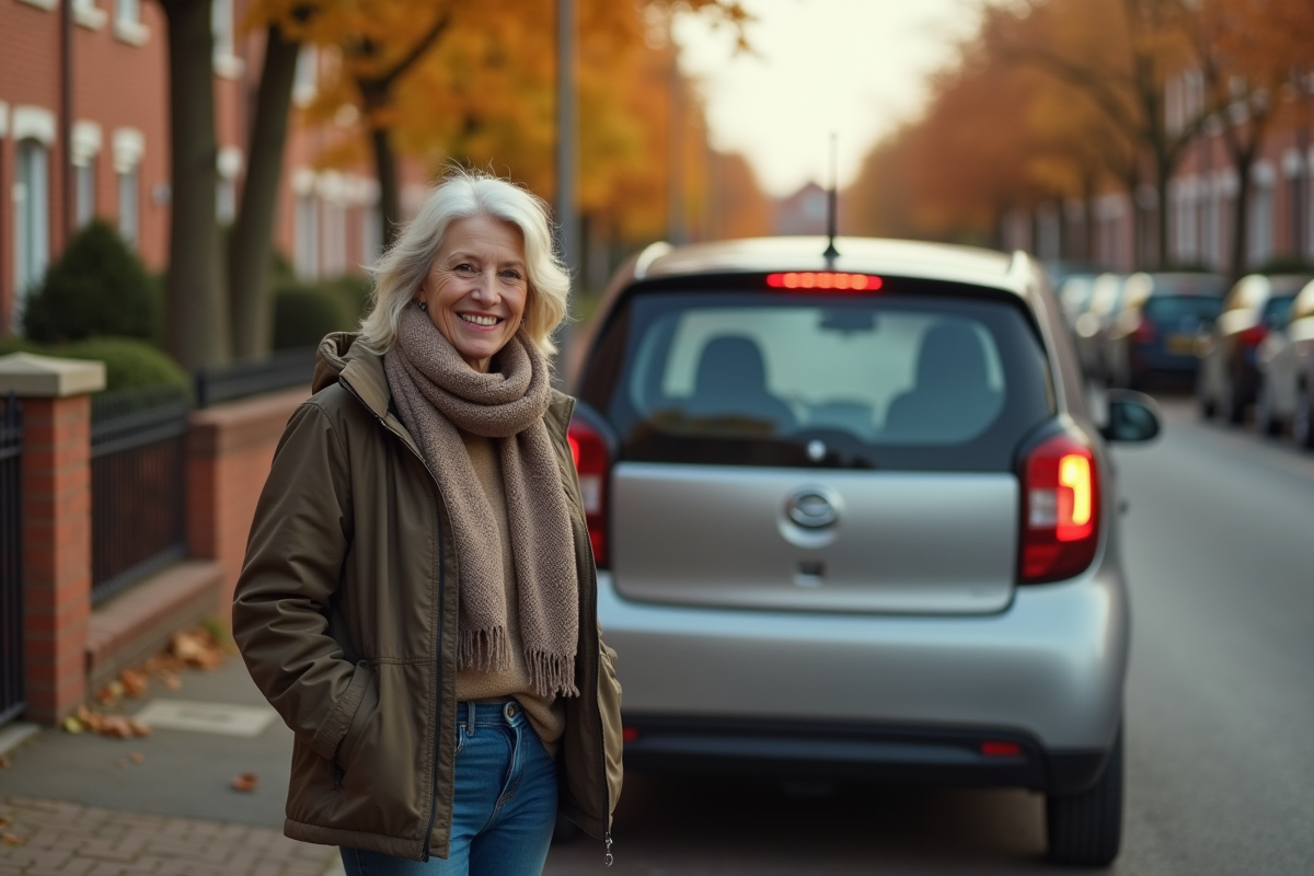 Femme souriante inspectant une voiture compacte dans un quartier résidentiel