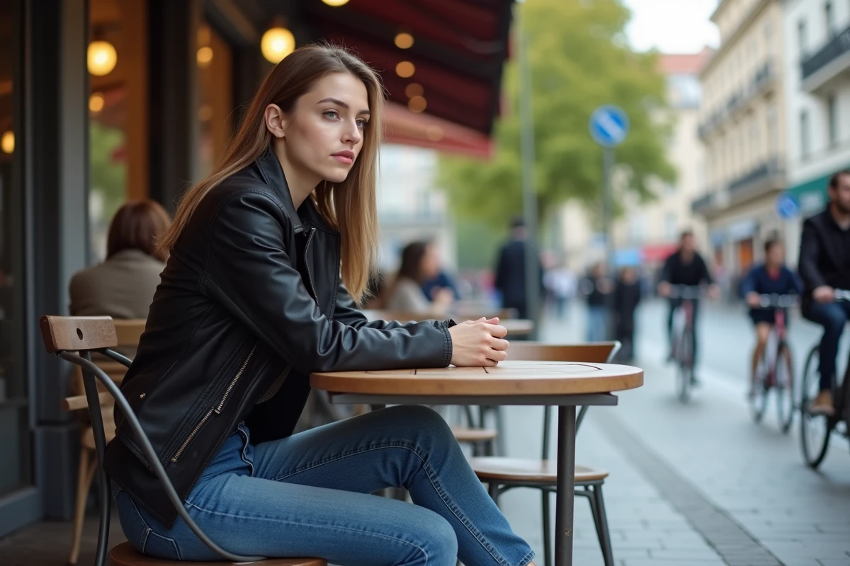 Femme assise au café à Chambéry regardant la rue