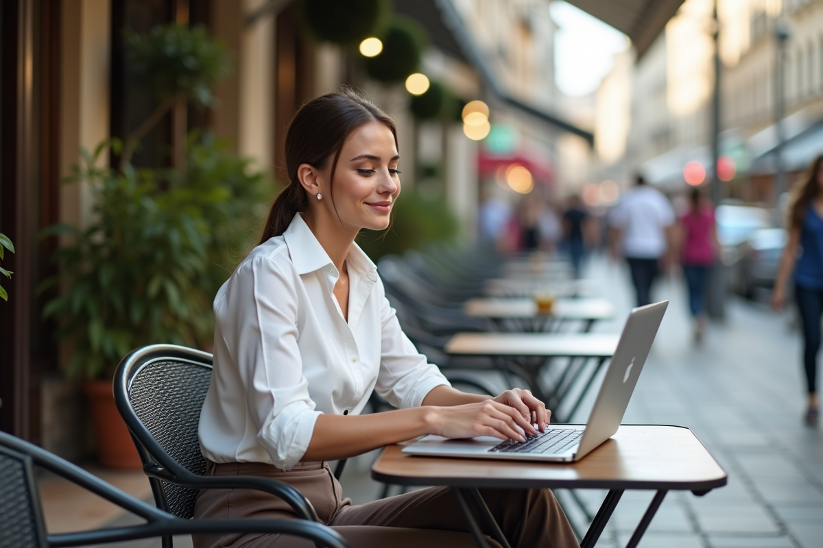 Jeune femme travaillant sur son ordinateur en terrasse de café