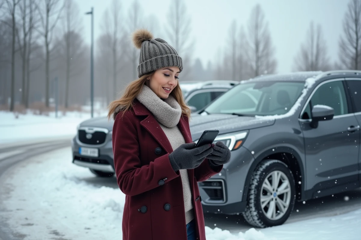 Femme consultant un calculateur de taille de pneu sur smartphone à côté de son SUV sous la neige