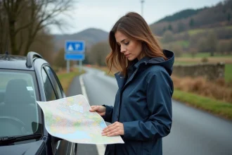 Femme avec imperméable bleu étudie une carte sur sa voiture