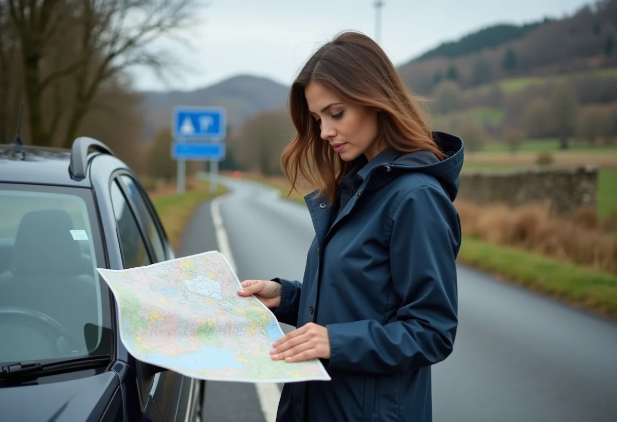 Femme avec imperméable bleu étudie une carte sur sa voiture