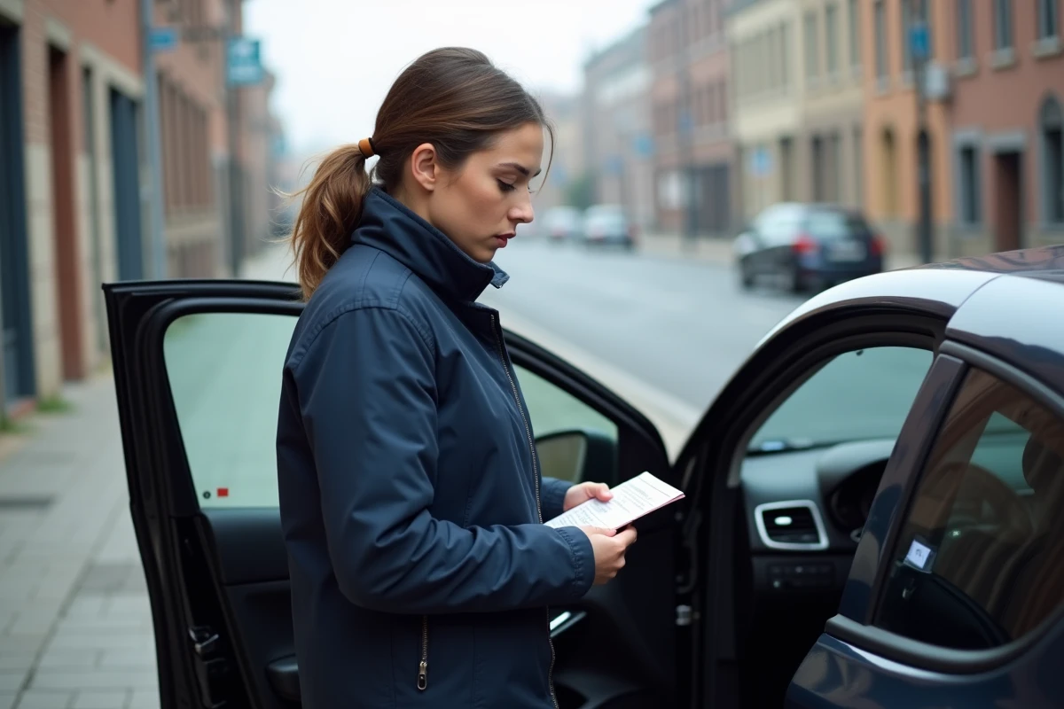 Femme consultant un document de code d'autoradio Clio 4 debout à côté de sa voiture en ville