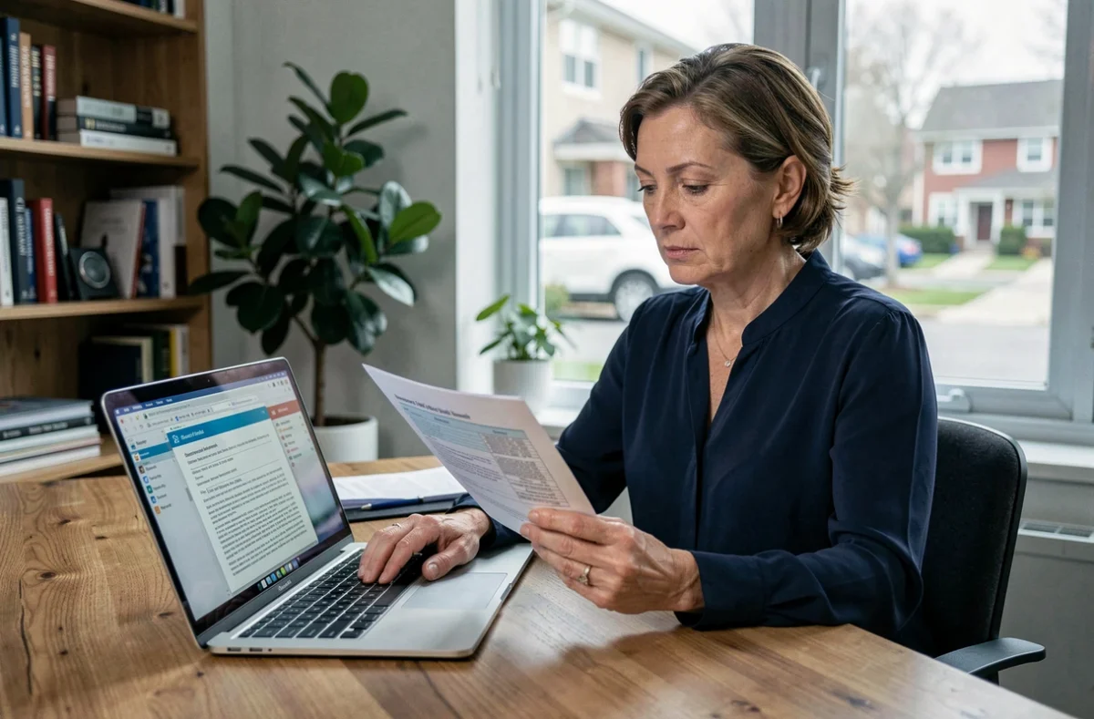 Femme de 45 ans comparant des devis d'assurance scooter sur un ordinateur portable dans un bureau à domicile