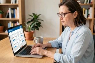 Femme utilisant un comparateur d'assurance auto sur son ordinateur portable dans un bureau à domicile