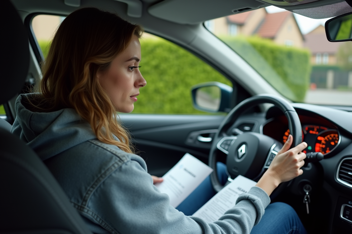 Jeune femme regardant un tableau de bord Renault dans la voiture