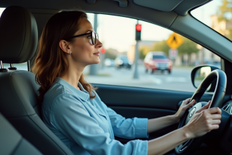 Femme concentrée au volant d'une voiture en ville