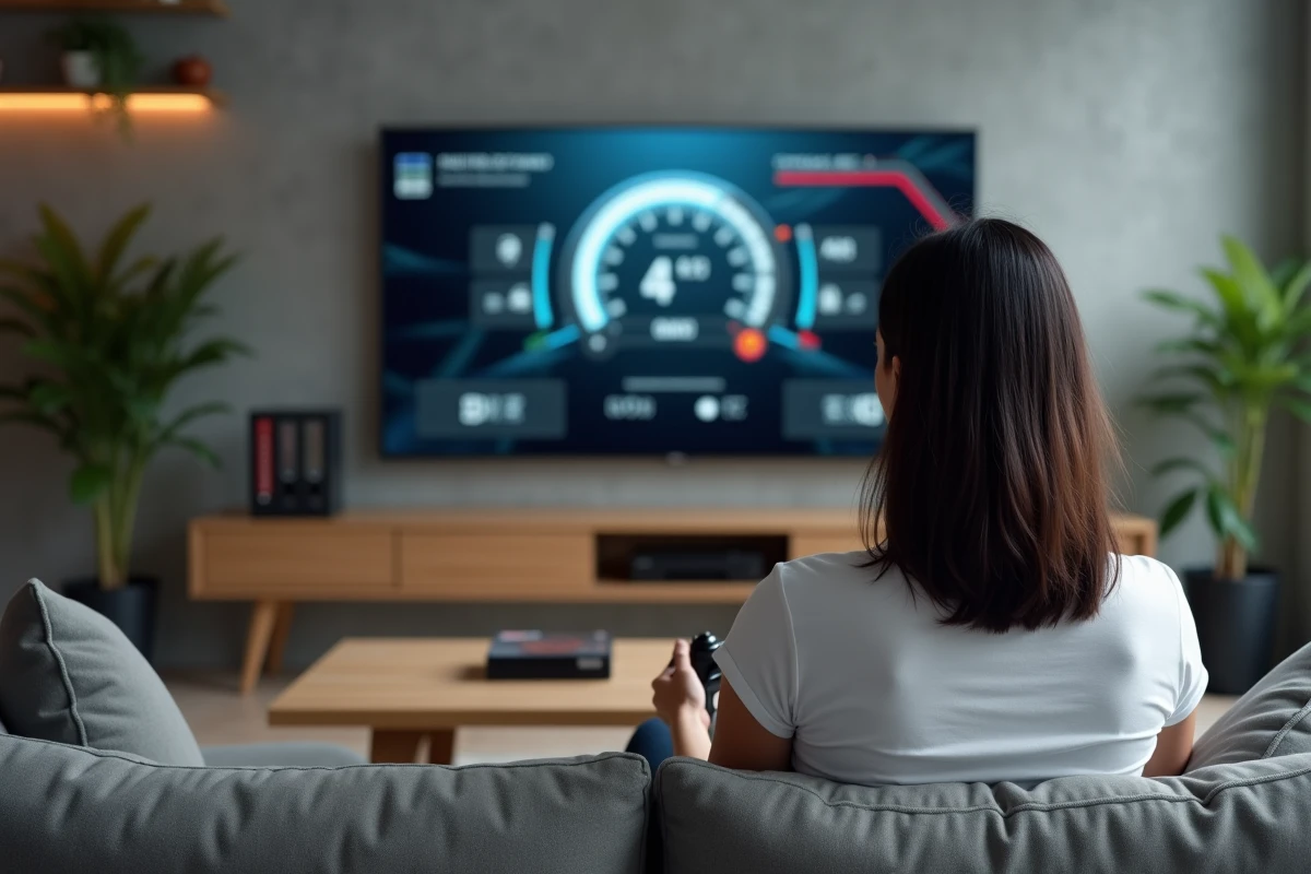 Femme configurant les unités de vitesse mph kph dans un jeu de course sur console depuis son salon