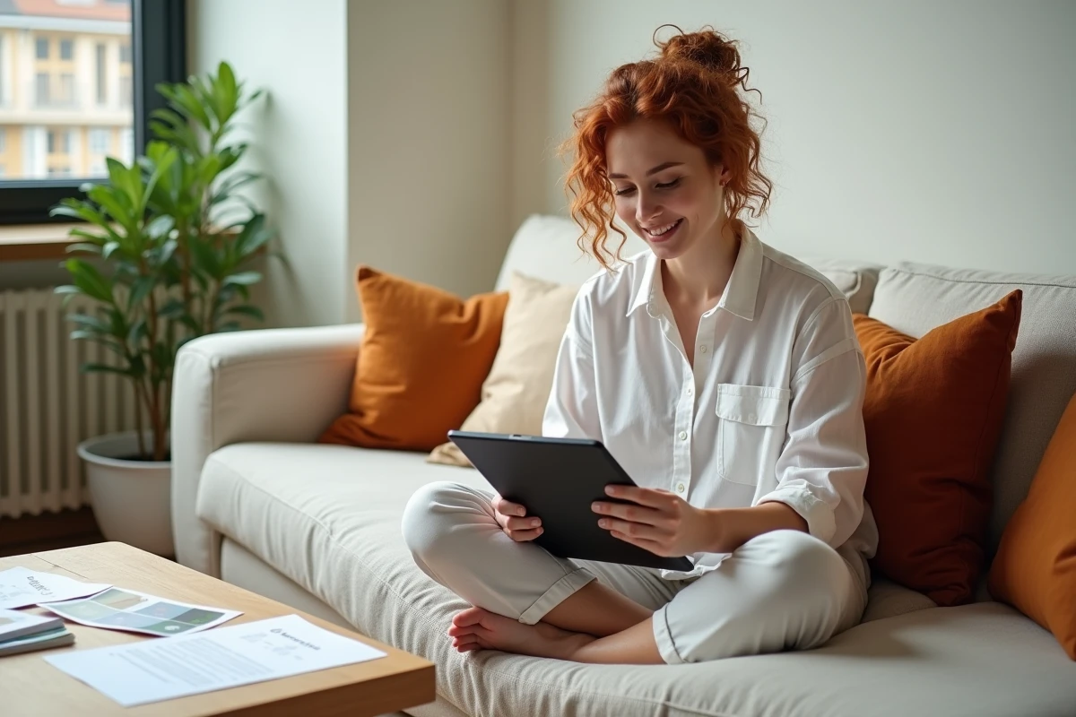 Femme consultant des documents légaux sur l'utilisation d'un logo alpin dans un espace de travail à domicile