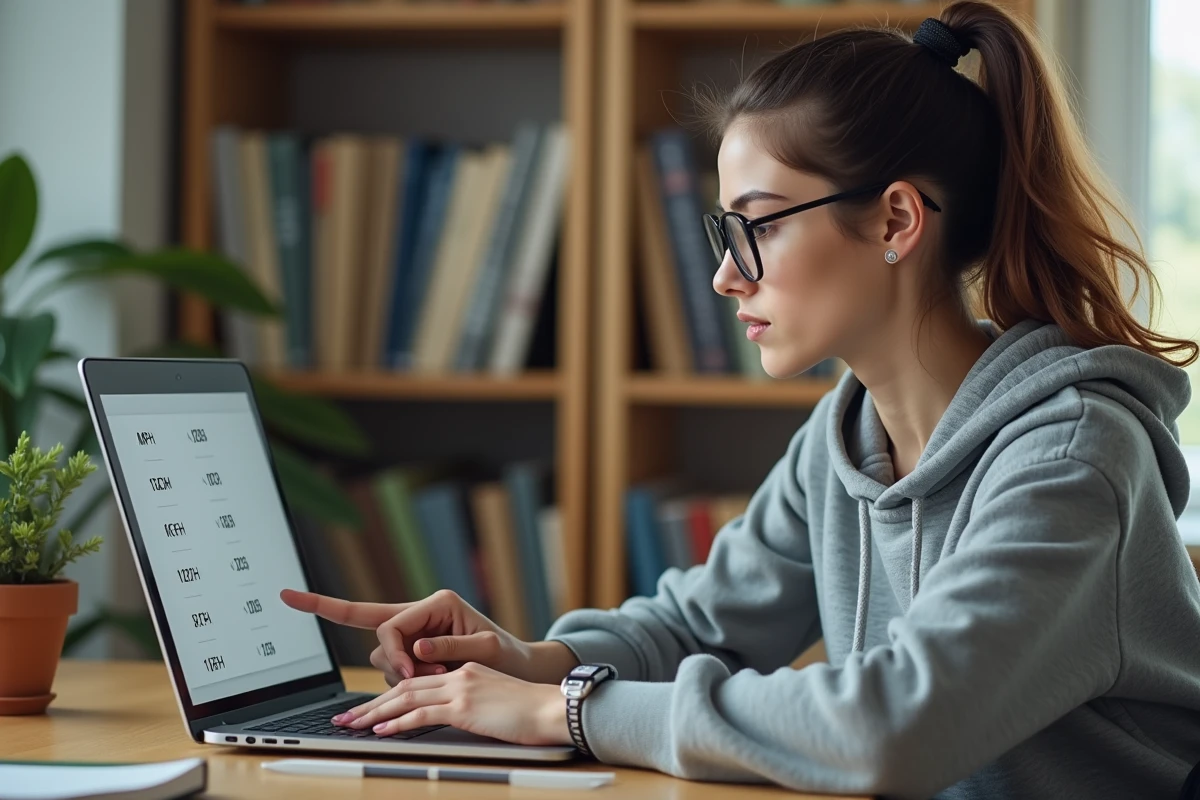 Femme consultant un tableau de conversion miles par heure en kilomètres par heure sur un ordinateur portable dans un bureau à domicile