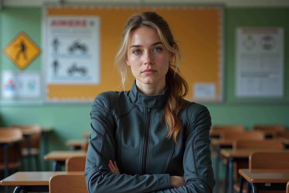 Femme étudiante en cours de permis moto en classe