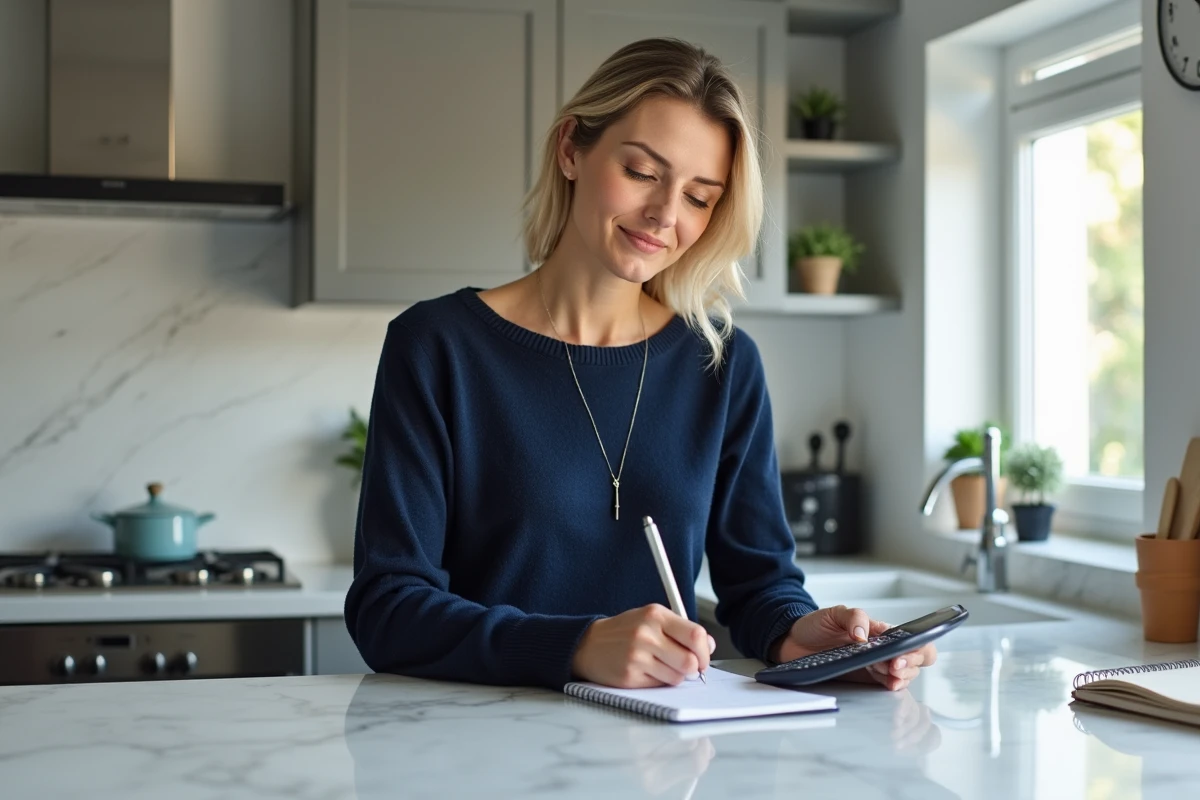 Femme prenant des notes avec une calculatrice dans une cuisine lumineuse