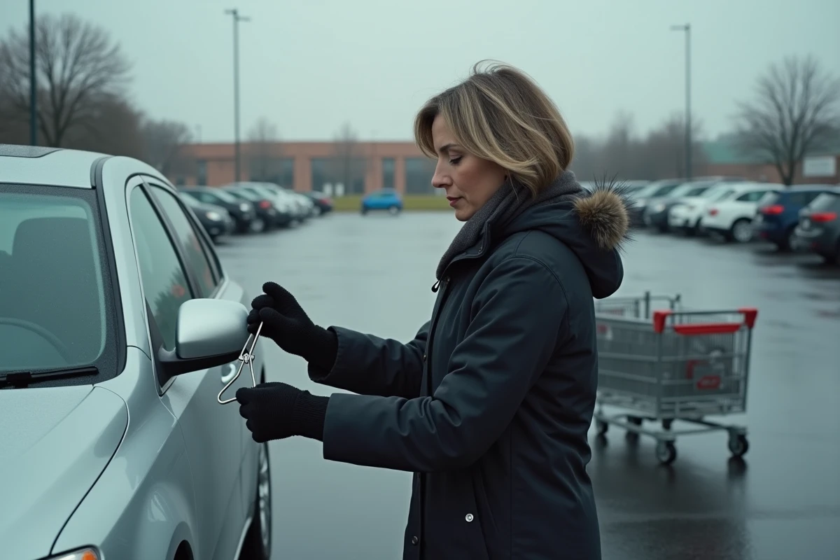 Femme tente de déverrouiller une voiture au supermarche