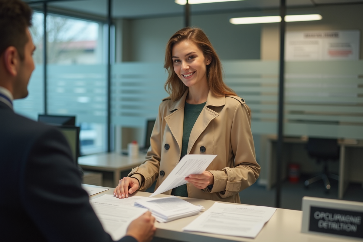Femme souriante remettant des documents dans un bureau français