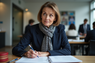 Femme en blazer navy remplissant un formulaire officiel