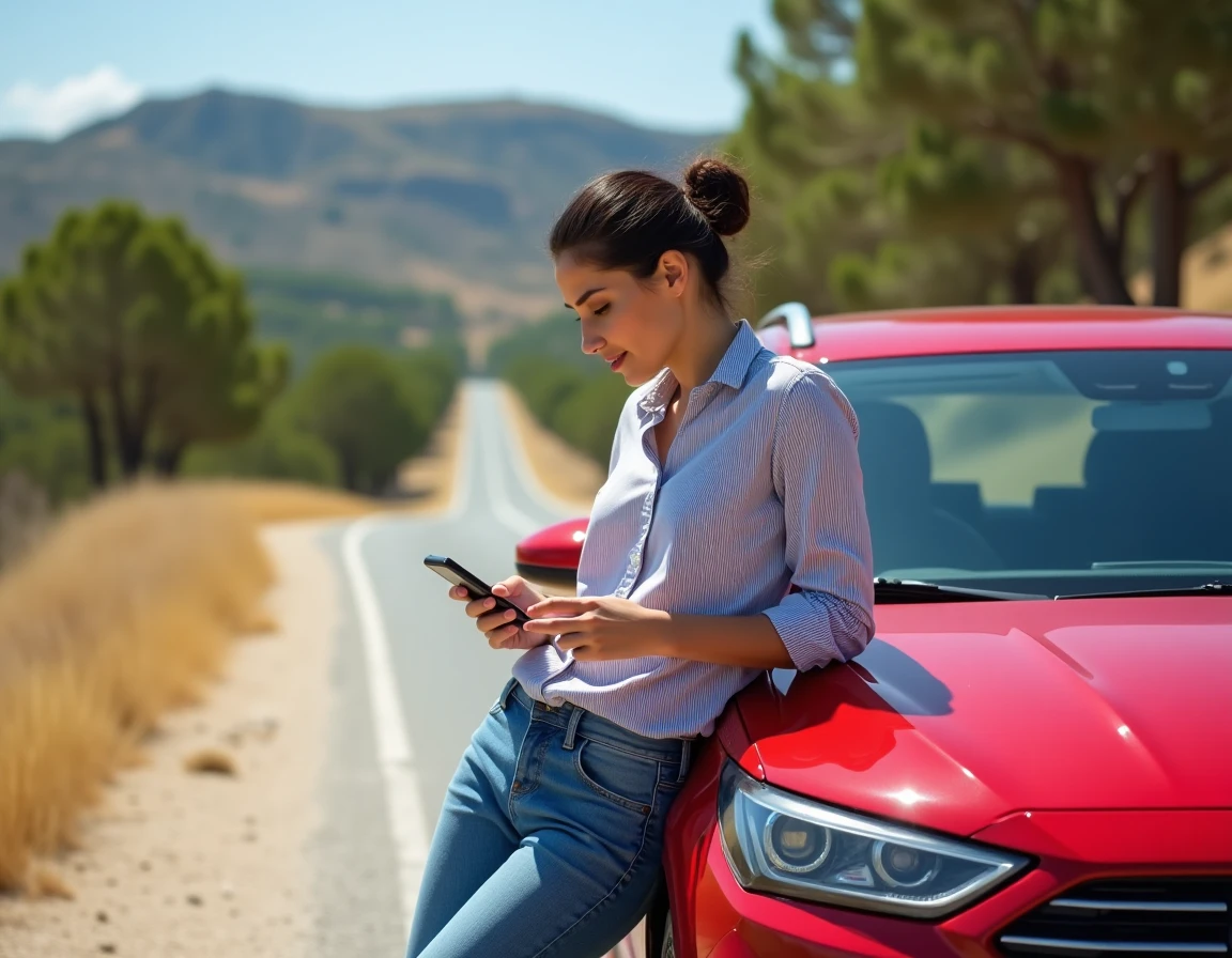Femme consultant son GPS sur smartphone à l'arrêt lors d'un voyage en voiture sur une route secondaire gratuite dans le sud de la France