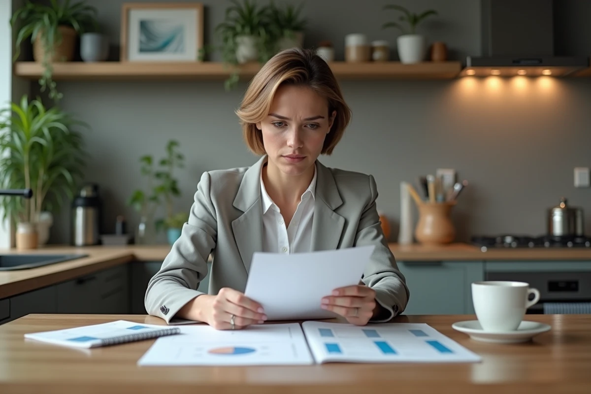 Femme examinant documents de garantie dans la cuisine