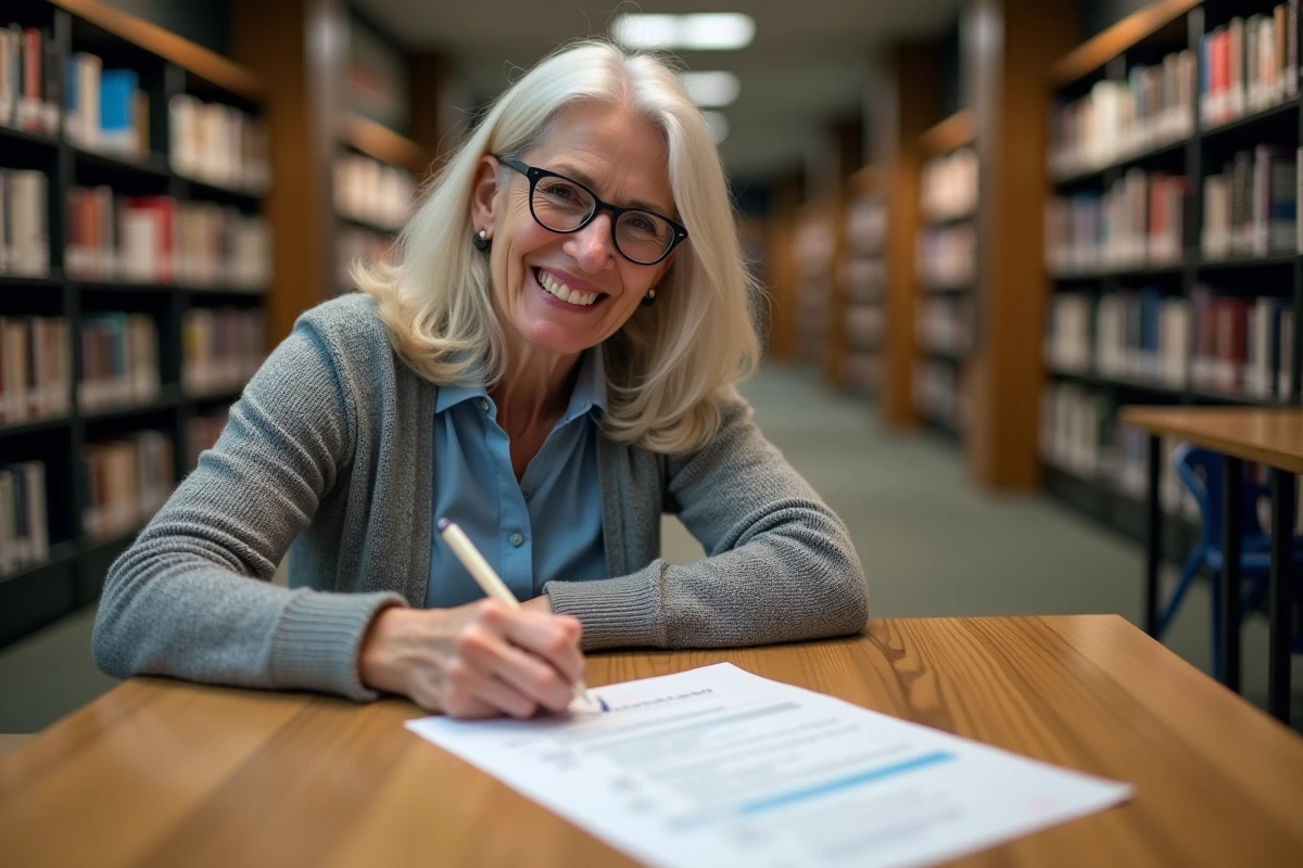 Femme lisant un PDF de questions de conduite à la bibliothèque
