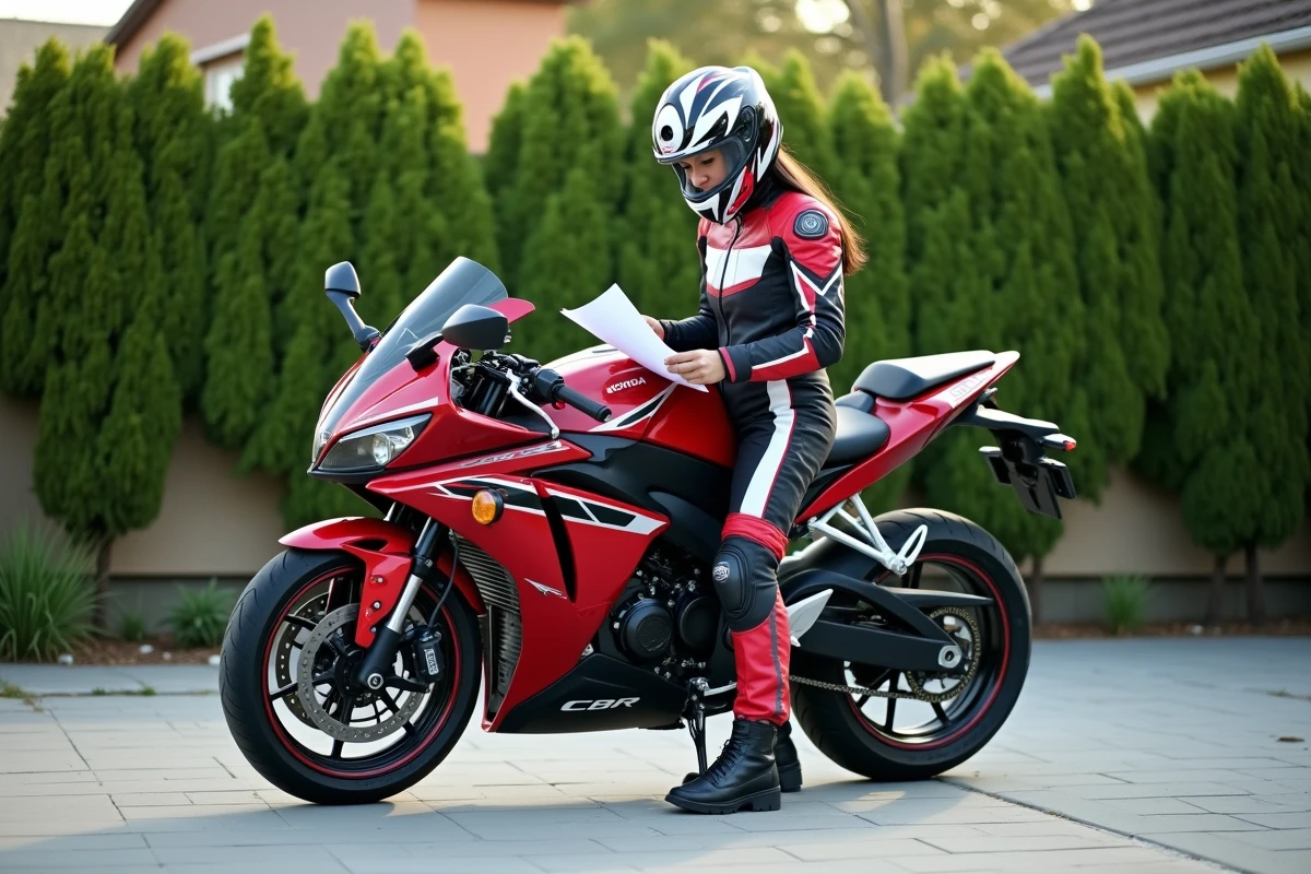 Jeune femme vérifiant une checklist à côté de sa moto