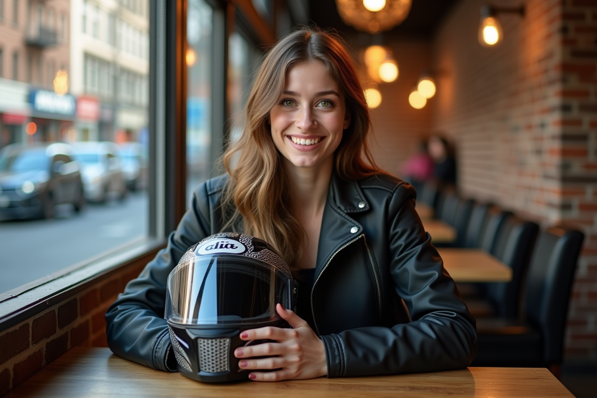 Jeune femme en veste moto souriant au café en ville