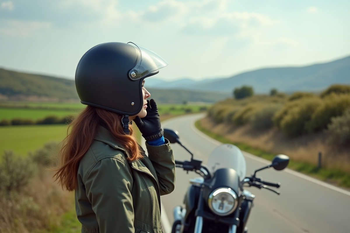 Femme ajuste casque moto sur route de campagne