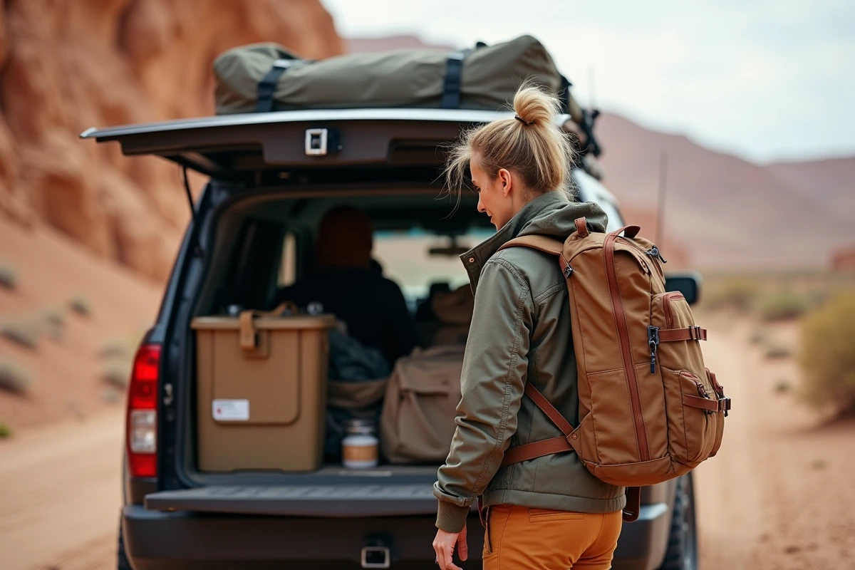 Femme préparant son 4x4 en environnement désertique